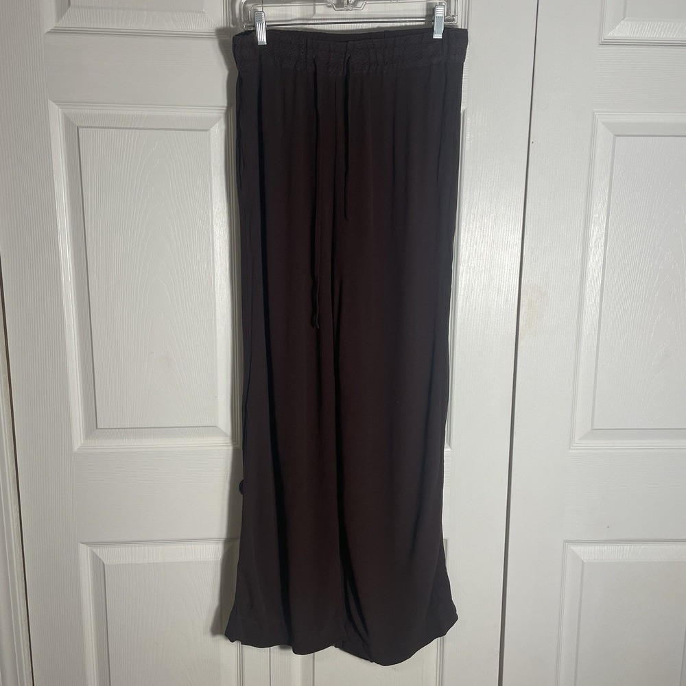 Soft Surroundings Wide Leg Pants Women M Brown Textured Crochet Trim Drawstring